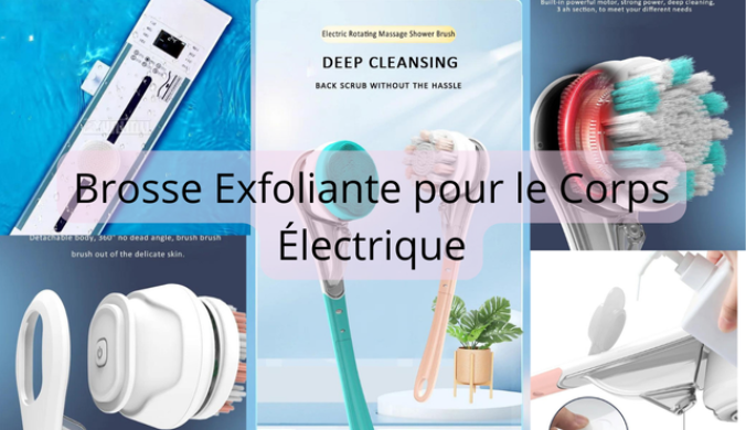 Cette photo montre une personne en train d'exfolier sa peau avec une brosse exfoliante. La brosse est bleue et possède des poils doux et denses. La personne utilise la brosse pour frotter doucement sa peau en mouvements circulaires. Des flocons de peau morte sont visibles sur la peau. L'eau est claire et de petites bulles sont visibles.